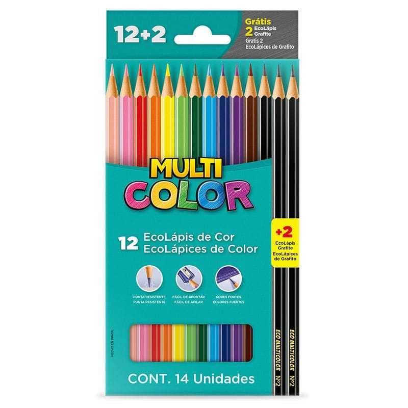 Lápis de Cor Multi Color Com 12 Cores + 2 Lápis de Escrever