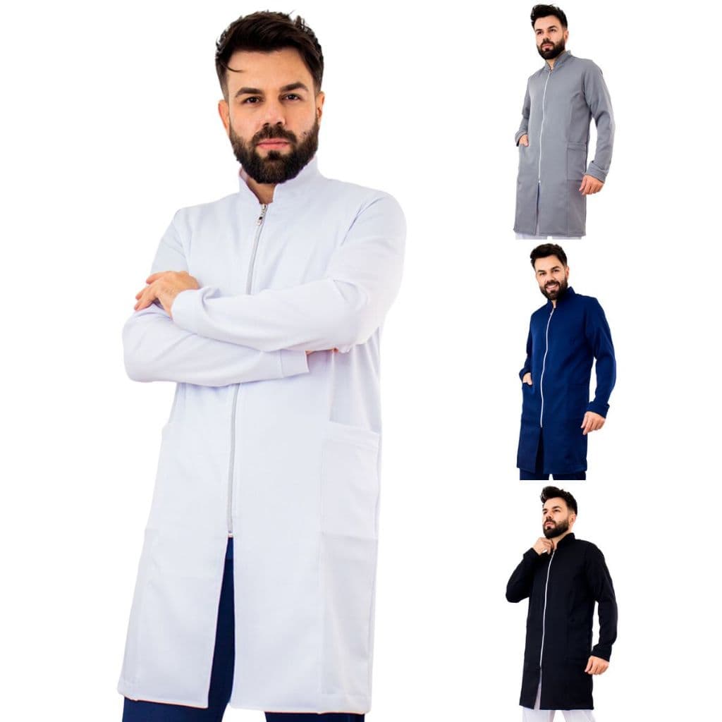 Jaleco Masculino Slim Gola Padre Zíper Várias Cores Bolso Two Way Manga Longa Profissional Veterinário