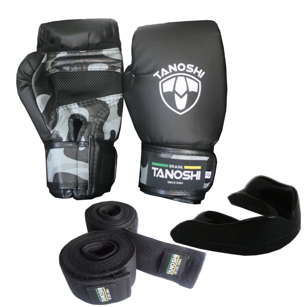 Kit Boxe Camuflado Cinza Luva Boxe + bandagem + bucal TANOSHI para MuayThai Sanda Kick luta