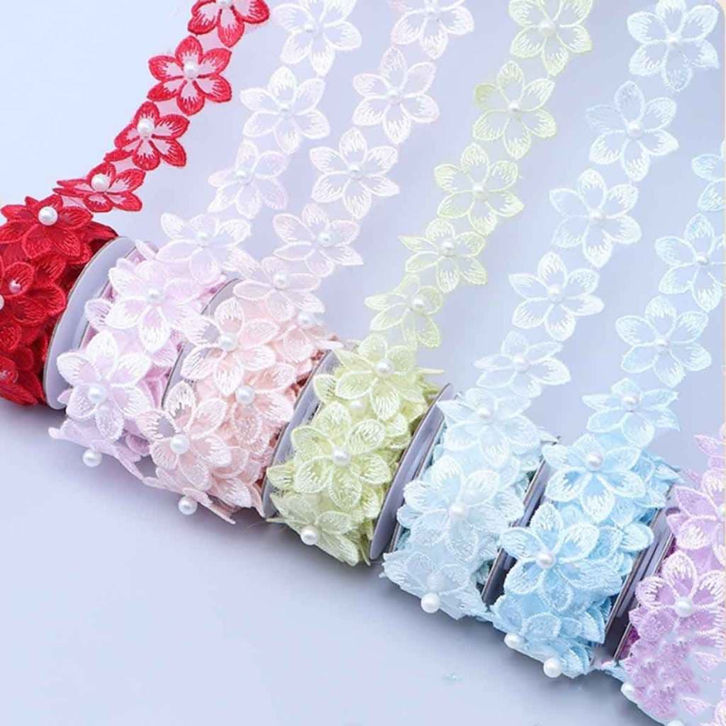 Flor de Tecido Bordadas de Renda Com Pérolas Bordadas Costura