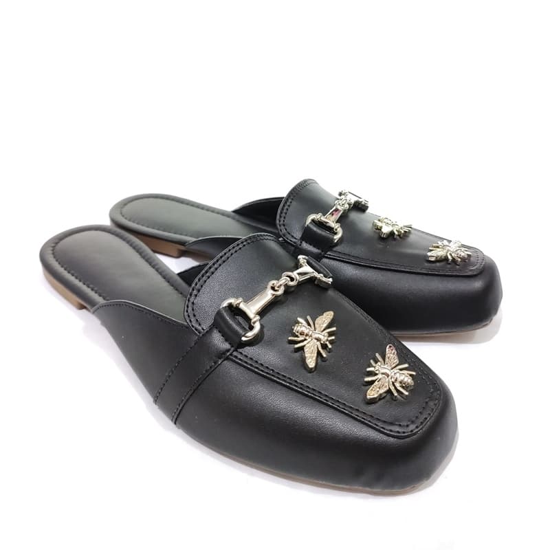 Mule Feminino Bico Quadrado Abelhinhas Preto Confort Luxo