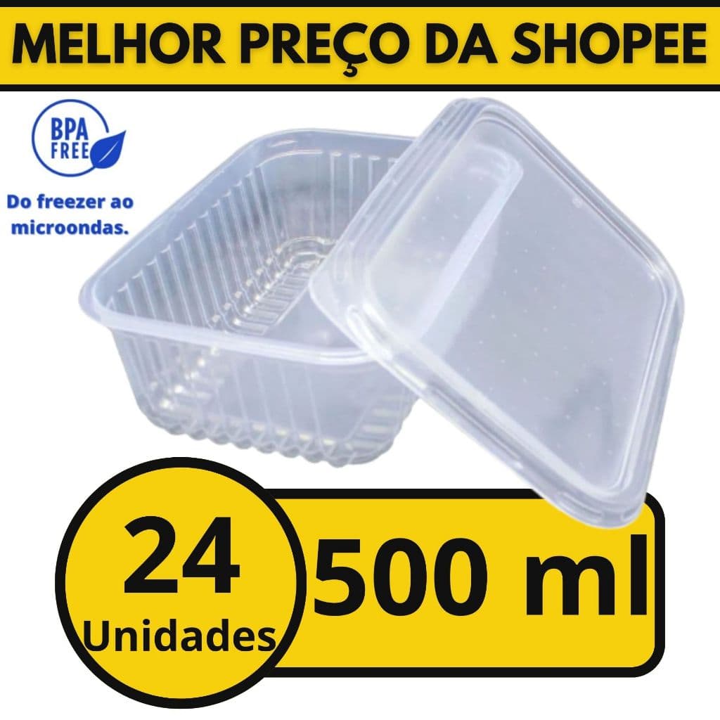 Kit 24 Potes 500ml para Marmitas Embalagem Descartável Retangular para Freezer Microondas Fitness Bolos Salgados Doces