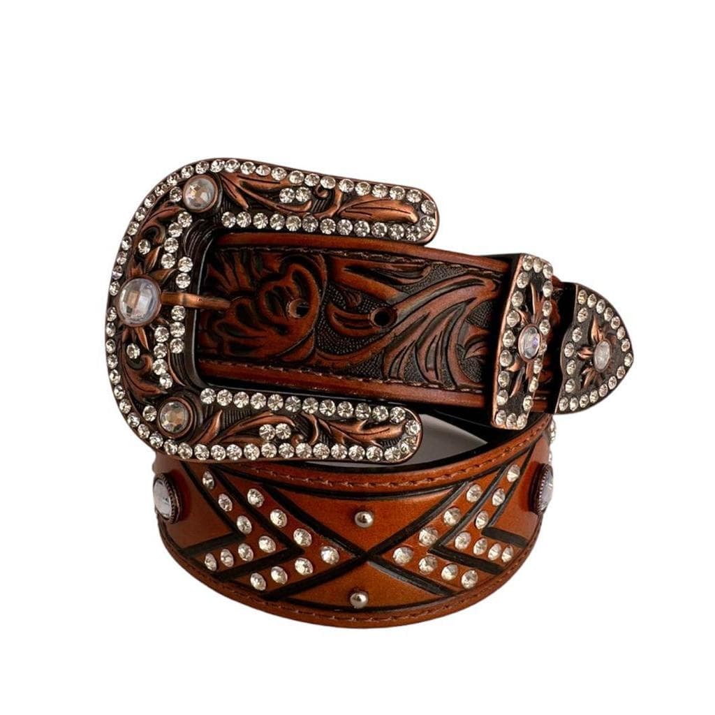 Cinto Country Feminino 100% Couro Com Pedra Cristal E Com Strass