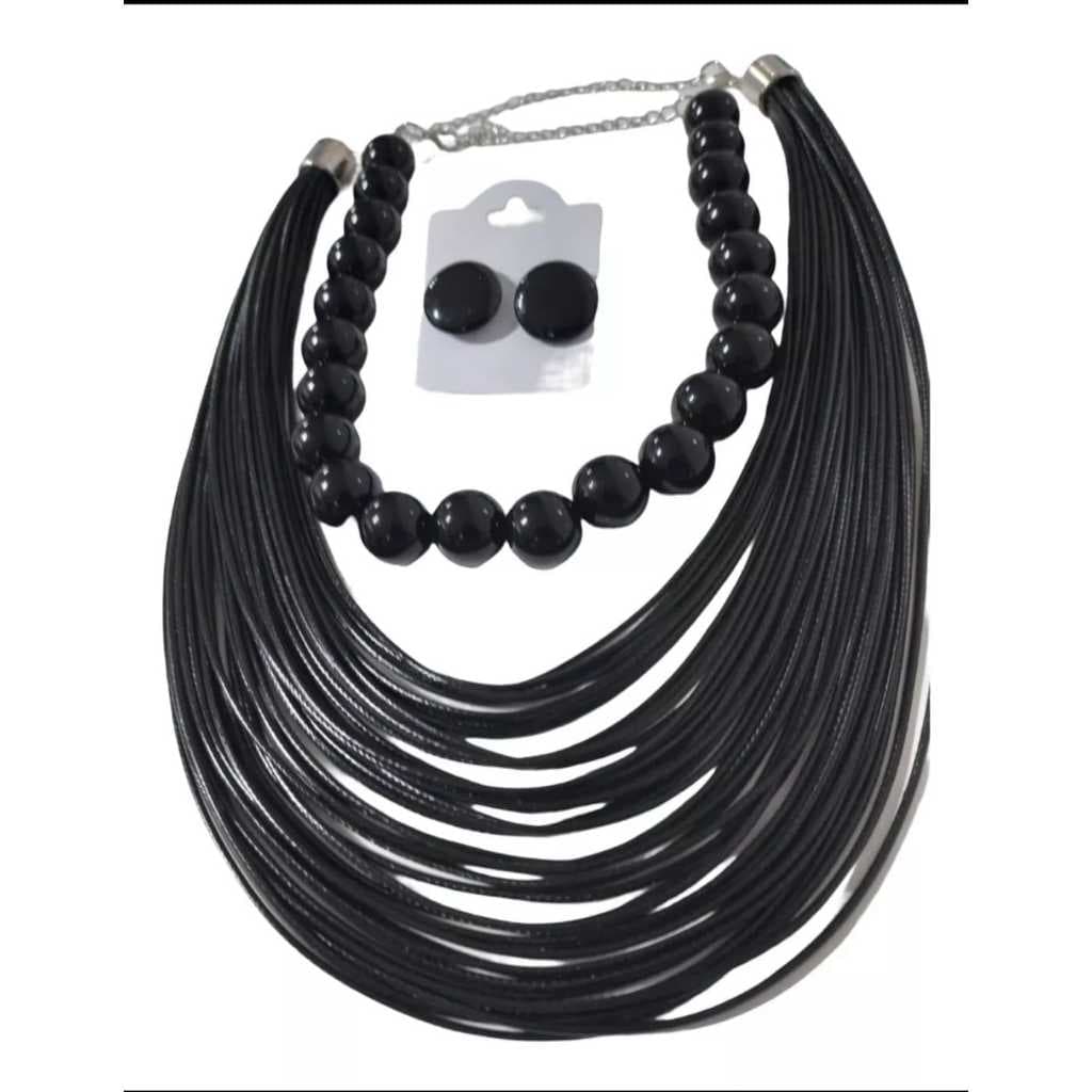 Kit 3 Peça Maxi Colar Fios Encerado/Colar de Bola/ Brinco Botão Resina Preto Conjunto Feminino