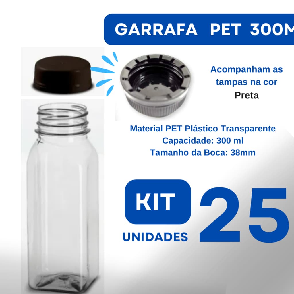 Garrafa Plástica PET 300ml c/25 Transparente Quadrada Tampa Preta para Sucos, Detox, Chocolate