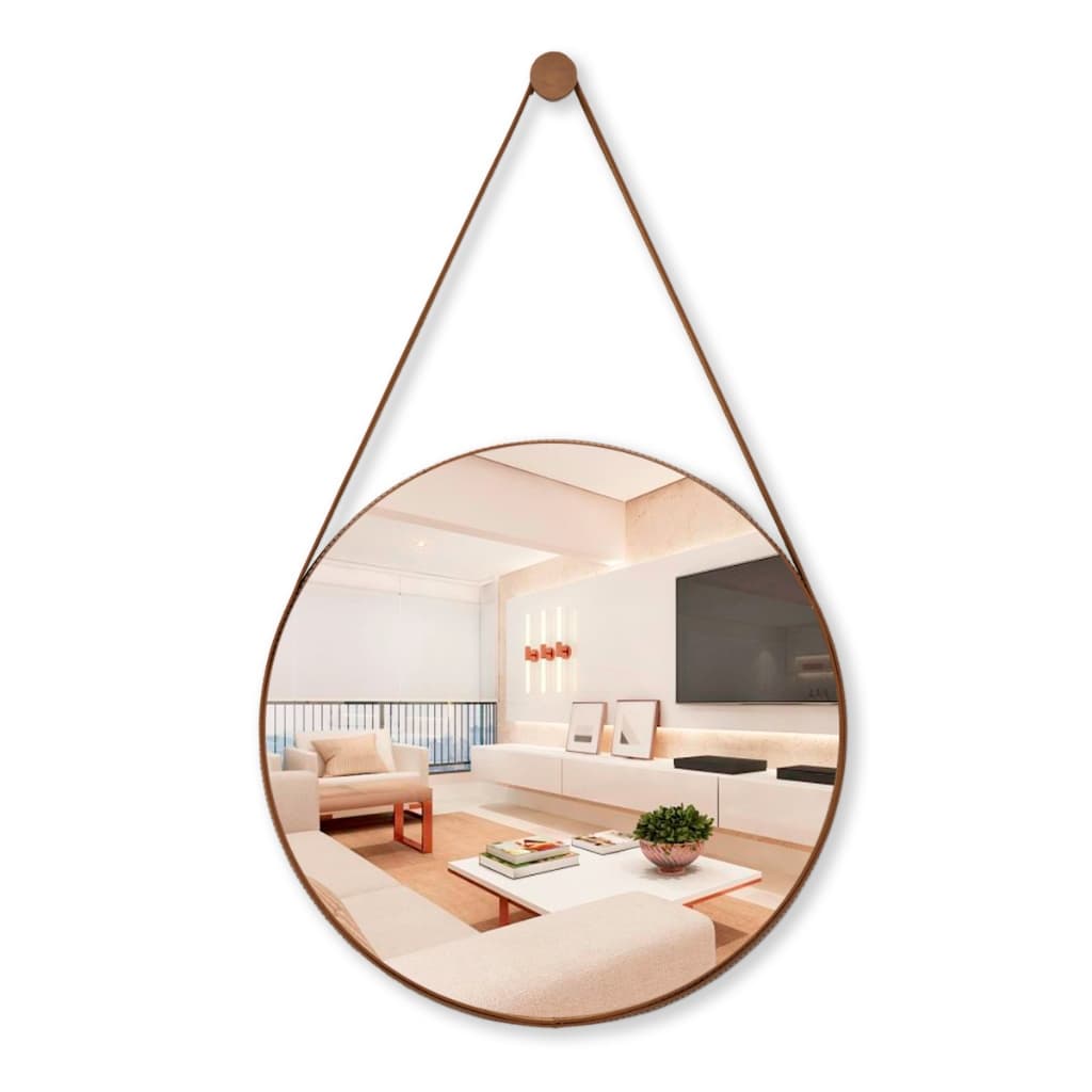 Espelho Redondo Decorativo Banheiro 50cm Suspenso Adnet Alça Couro + Pino