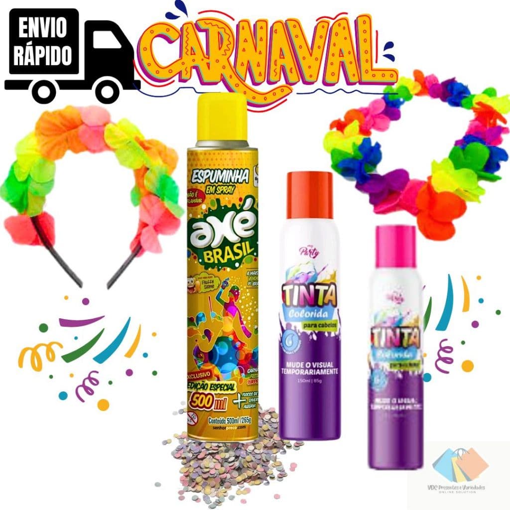 Kit Carnaval Tinta Spray Temporária para Cabelo My Party + Espuma Spray Axé Brasil 400ml + Colar Havaiano Para Festas Luau + Tiara Adulta Havaiana Hula Hula Colorida + Confete Papel Colorido Festas 120g