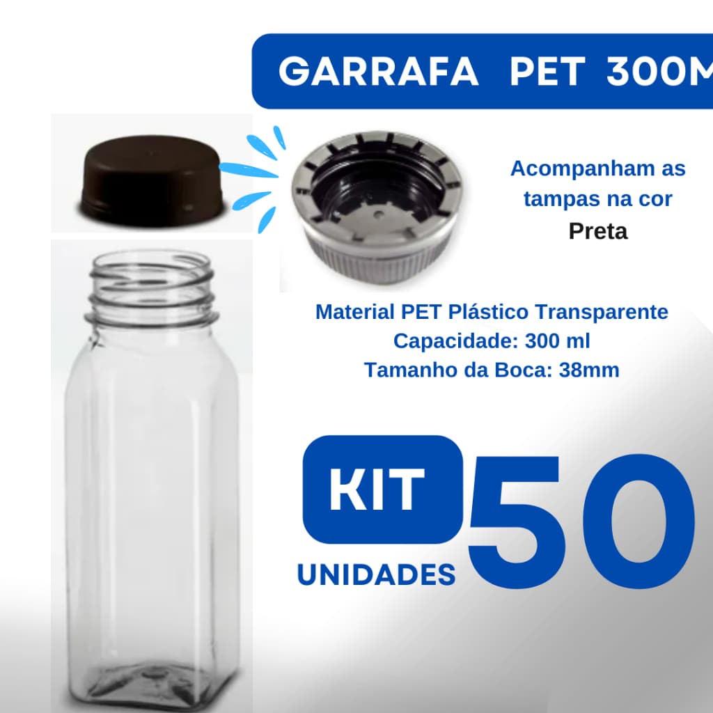 Garrafa Plástica PET 300ml c/50 Transparente Quadrada Tampa Preta para Sucos, Detox, Chocolate