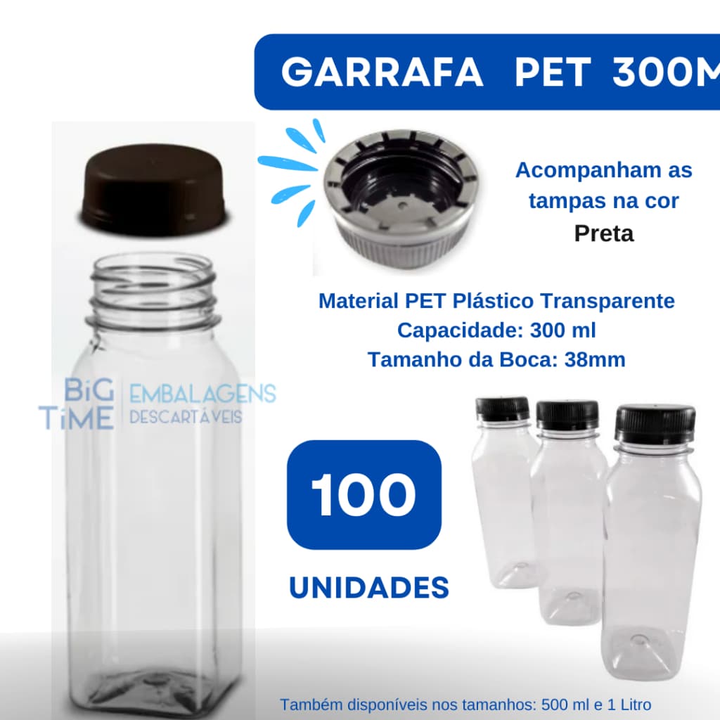 Garrafa Plástica PET 300ml c/100 Transparente Quadrada Tampa Preta para Sucos, Detox, Chocolate
