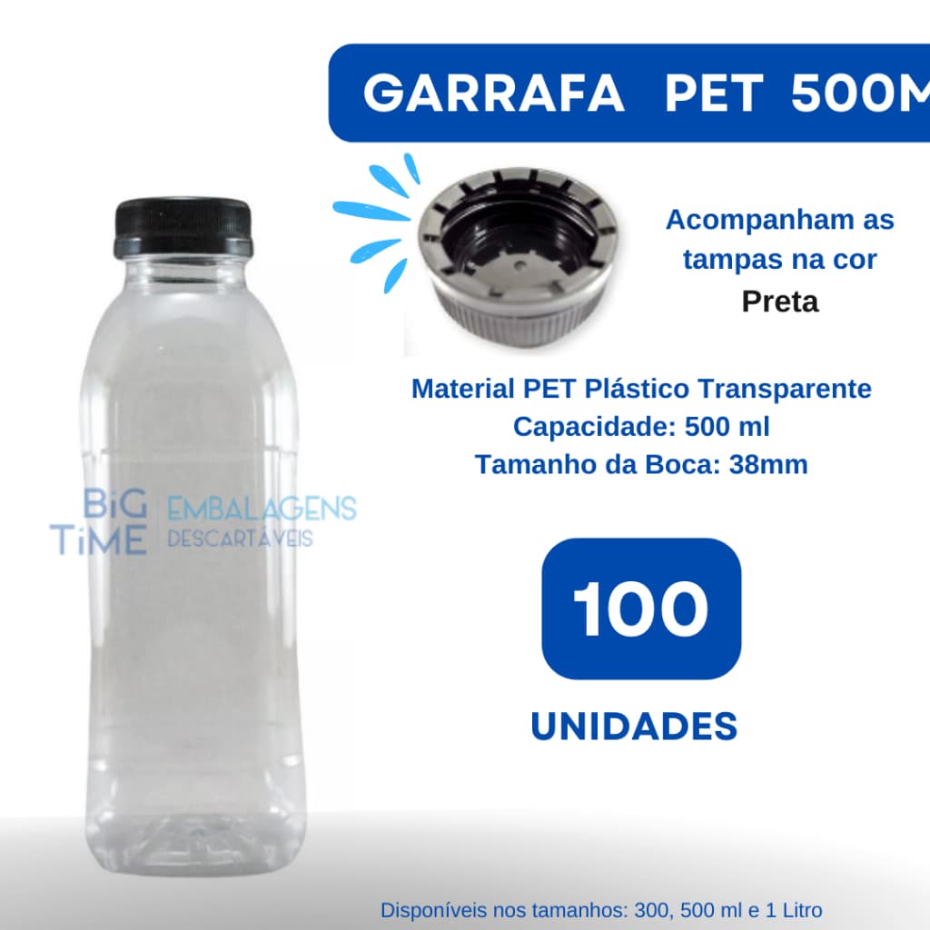 Garrafa Plástica PET 500ml c/100 Transparente c/ Tampa/Lacre cor Preta - Para sucos, vitaminas, mel entre outras bebidas