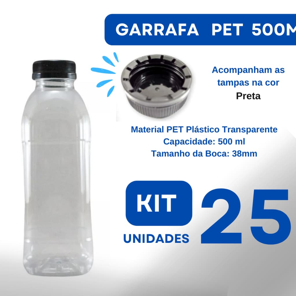 Garrafa Plástica PET 500ml c/25 Transparente c/ Tampa/Lacre cor Preta - Para sucos, vitaminas, mel entre outras bebidas