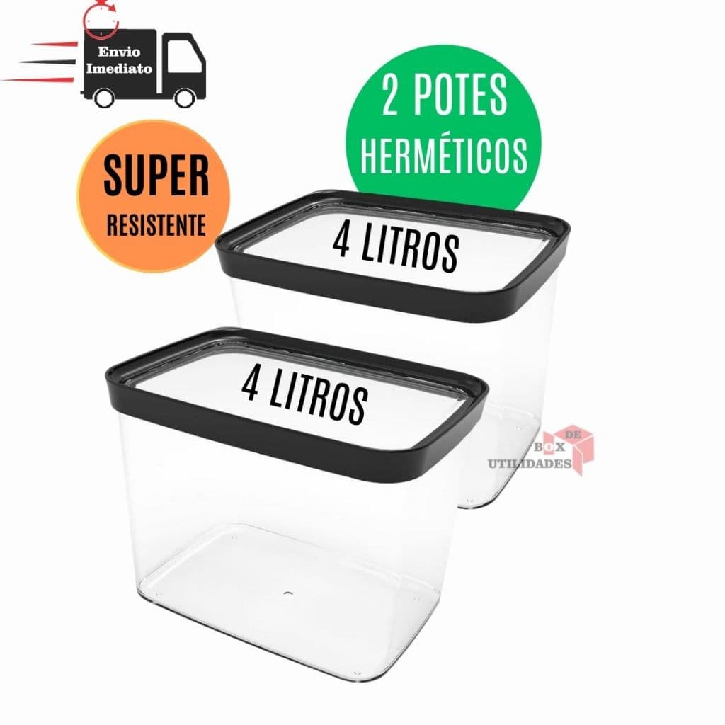 Conjunto Kit 2 Potes Herméticos 4L Porta Mantimentos Resistente para Grãos Arroz Ração 4000ml