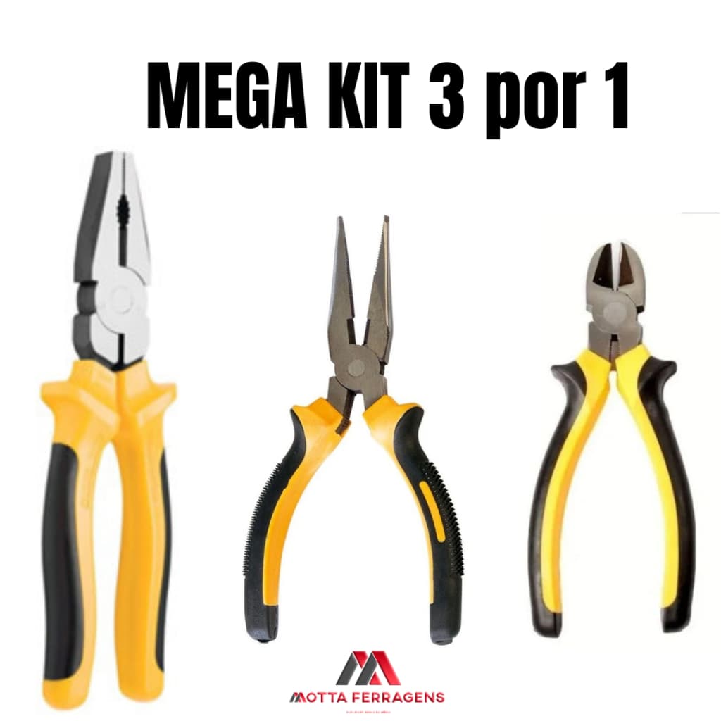 Kit Jogo 3 alicates Profissionais Corte, bico e Universal