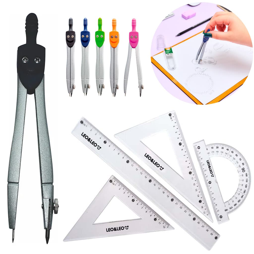 Kit Geométrico Régua, Transferidor, 2 Esquadros + Compasso