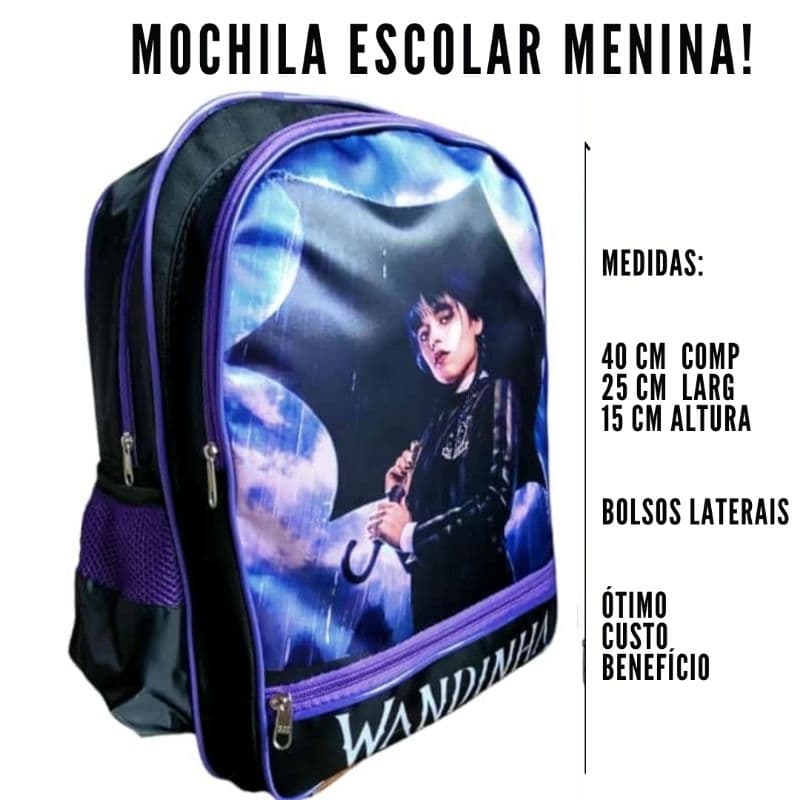 Mochila Escolar Grande Wandinha com e sem rodinha