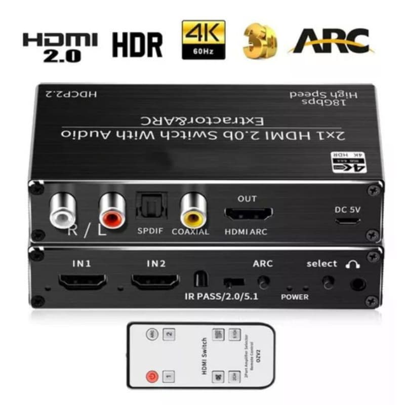 Switch Áudio HDMI 2.0 4k 2x1 Extrator E Arc de Áudio