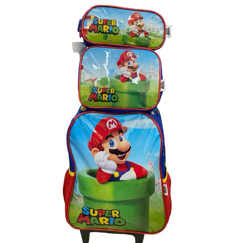 Kit Mochila Escolar do Super Mario infantil de rodinhas + lancheira térmica + estojo