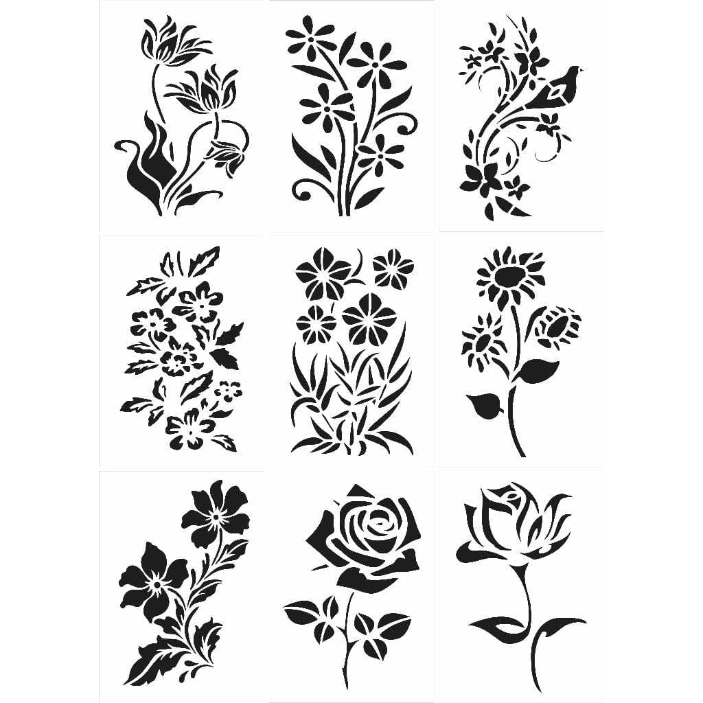 Kit (2) Stencil Flores E Rosas Molde Para Pintura 9pçs 10x14