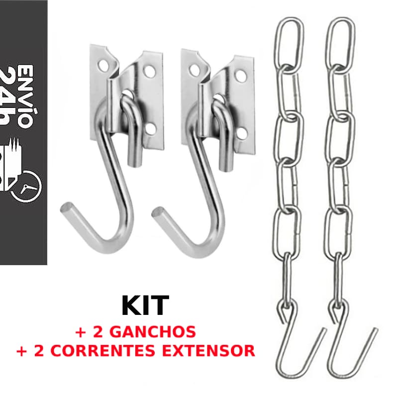 Kit 2 Ganchos Rede Polidos Aço Reforçado + 2 Correntes Extensor 70 cm Aço Para Rede