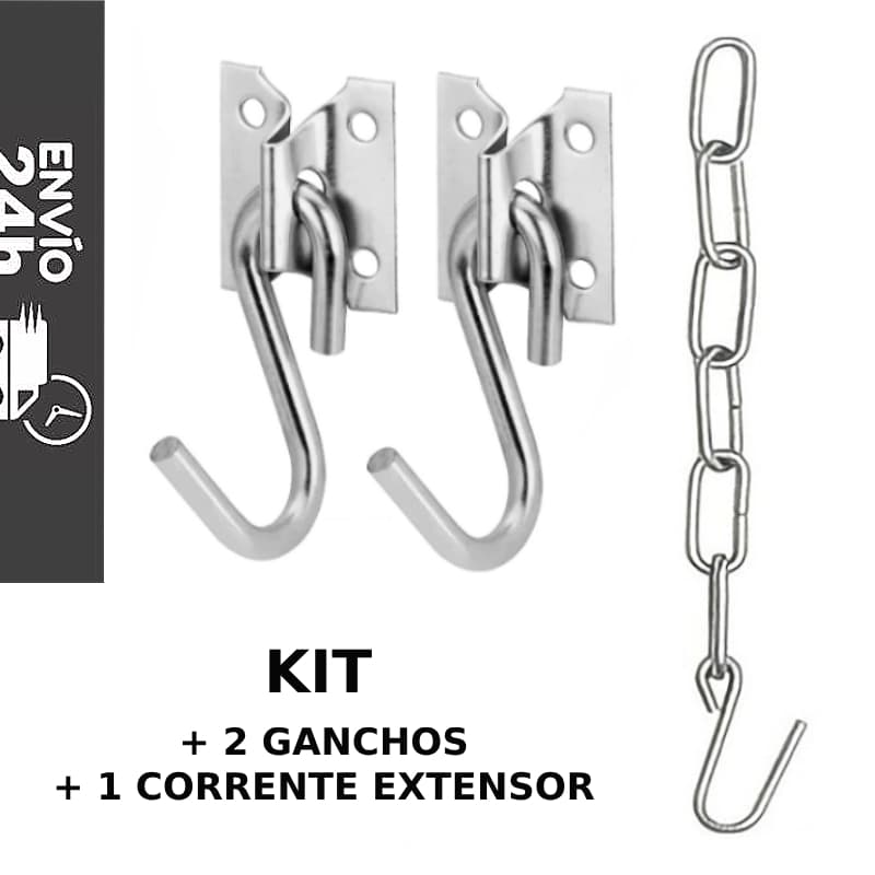 Kit 2 Ganchos Rede Aço Polido Reforçado + 1 Corrente Extensor 70 cm Aço Rede