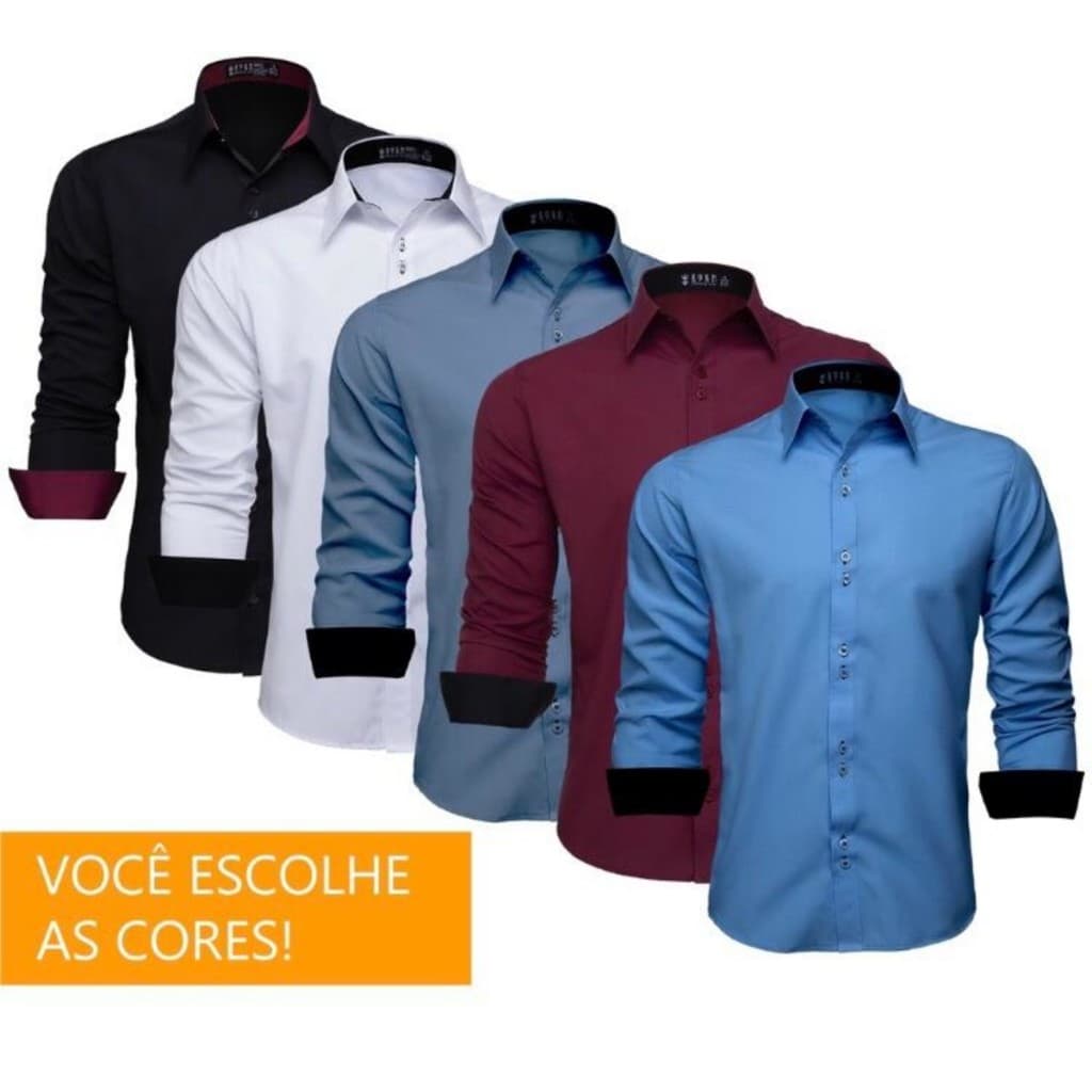 kit 7 Camisas Masculina Social Manga Longa Lisa Slim Várias Cores