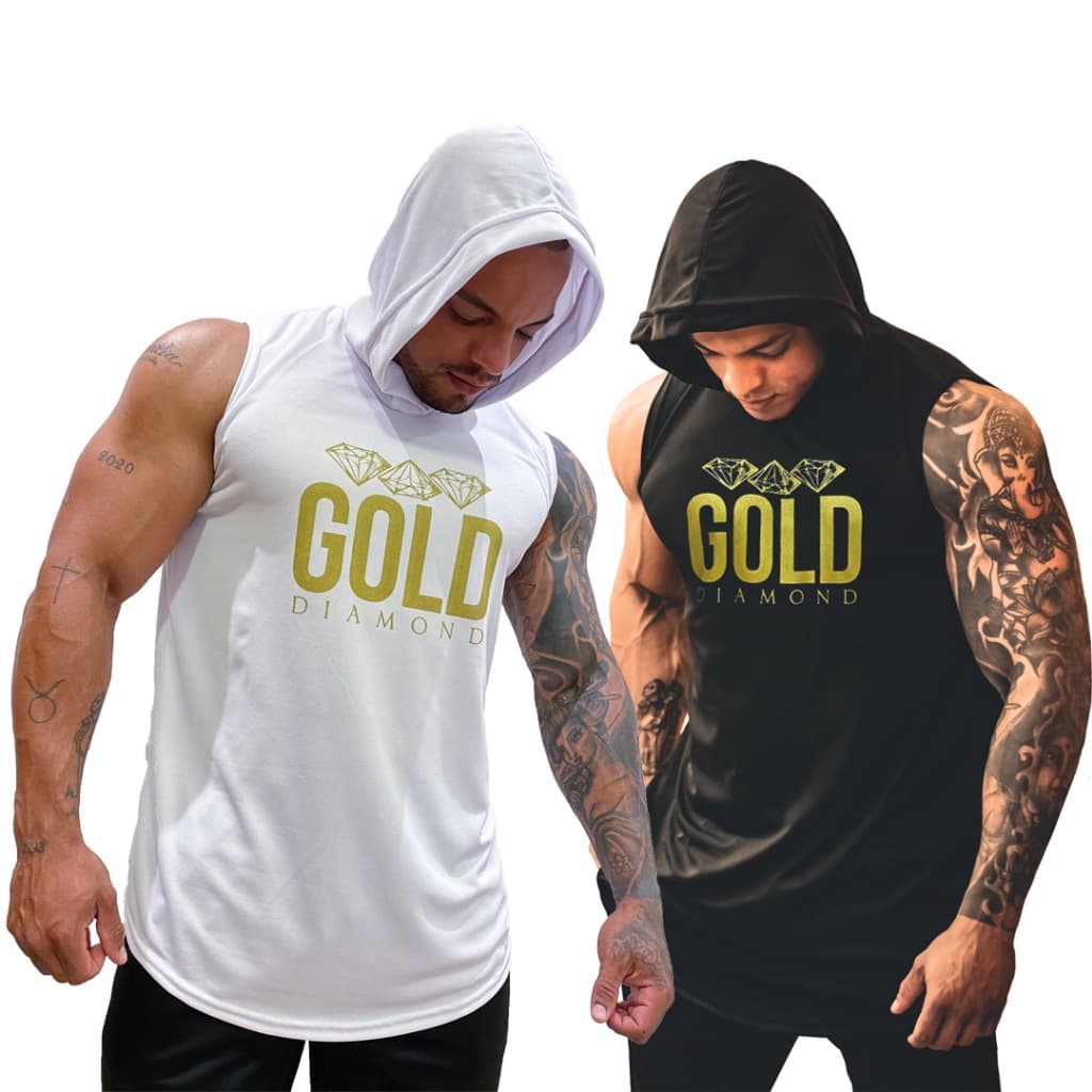 Kit com 2 Regatas Masculina Longline em Dry com Capuz Estampa Gold Diamond - Bombey