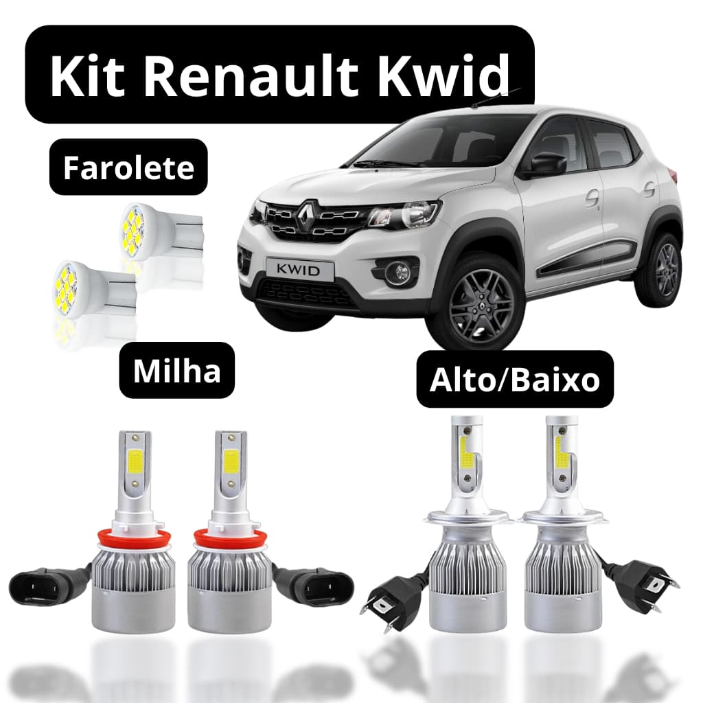 KIT Lâmpada Led (Farol Baixo Alto Milha Farolete) Renault Kwid 2017 2018 2019 H4 H11 H8 T10 Lâmpada Super Led Ultra led