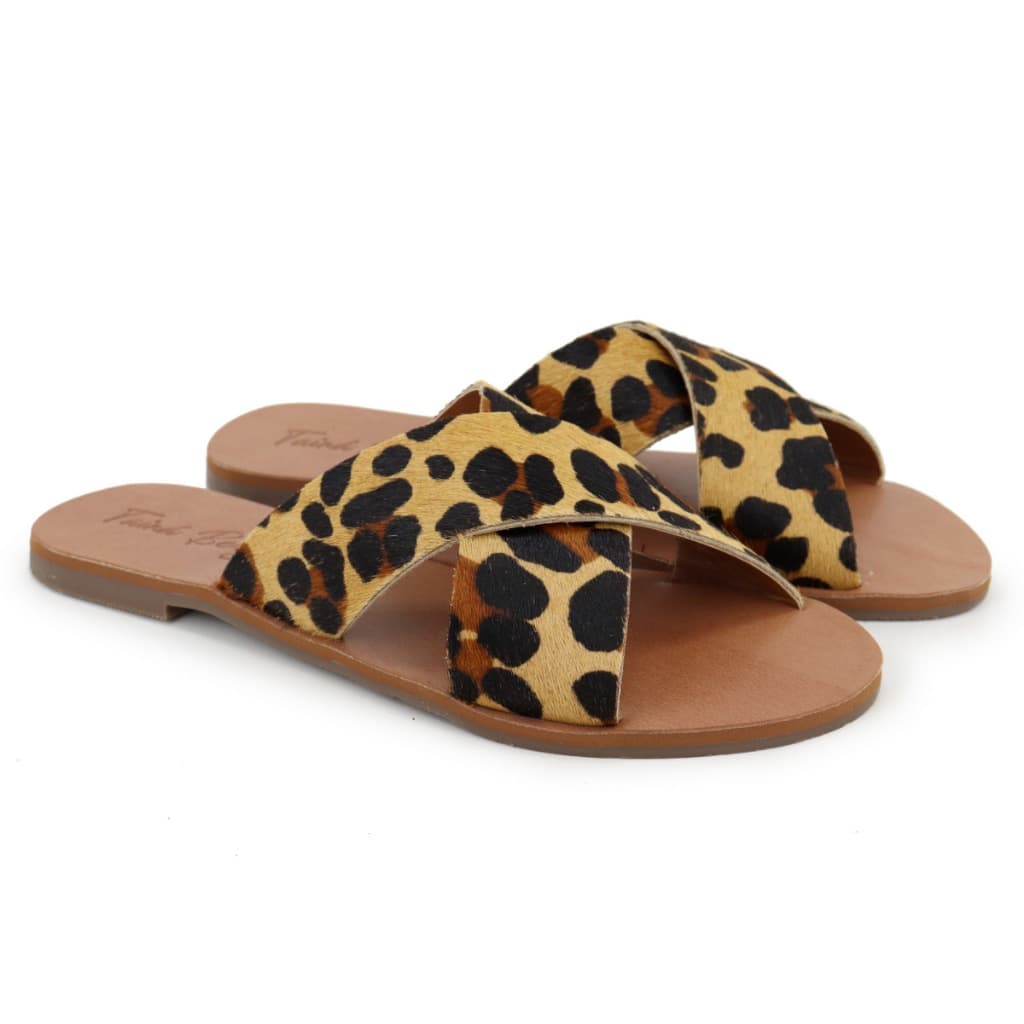 Rasteirinha Feminina Animal Print Tiras Cruzadas Em Couro Legitimo