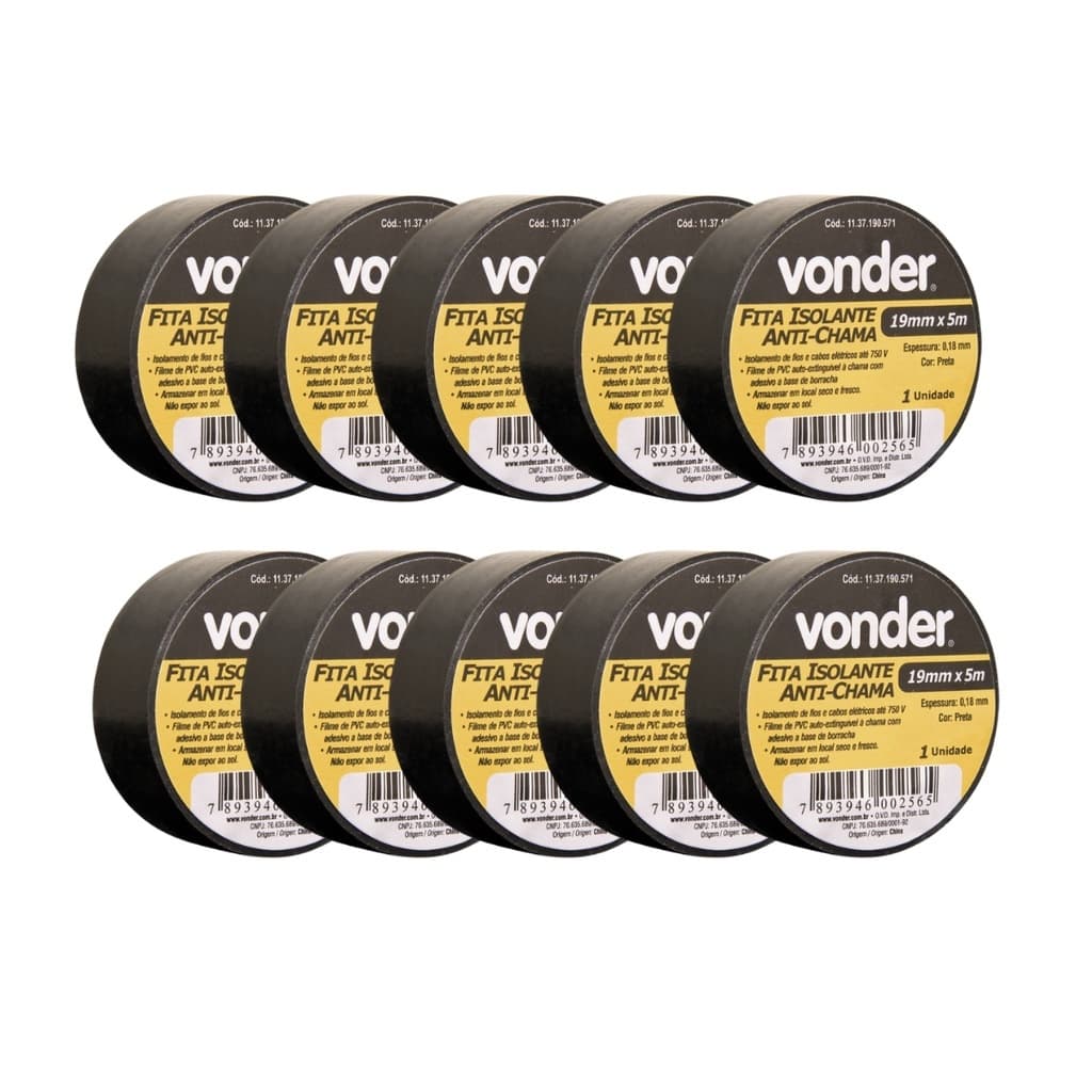 Kit 10 Fitas Isolante Anti Chama Vonder Preta - 20 Metros cada Fita Vonder Original + Nota Fiscal