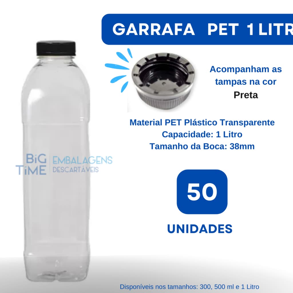 Garrafa Plástica PET 1 Litro c/50 Transparente c/ Tampa/Lacre cor Preta - Para sucos, vitaminas, entre outras bebidas