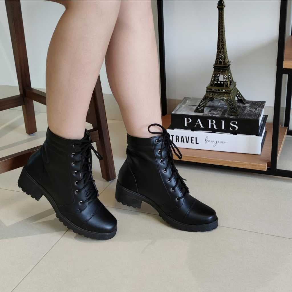 Bota Coturno Feminino Tratorado Confortavel Cano Curto Salto Grosso Blogueira