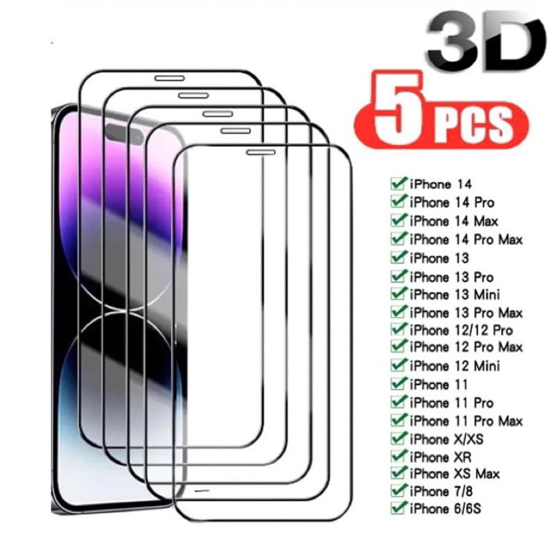 Kit 5 Película De Vidro Temperado 3D 9H Para iPhone 7/8 Plus Xs Xr 11 Pro Max 12 13 14 Pro Max