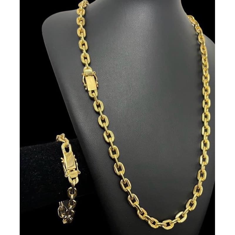 kit corrente/pulseira moeda antiga 100%  banhado a ouro 8mm/70cm fecho cadeado