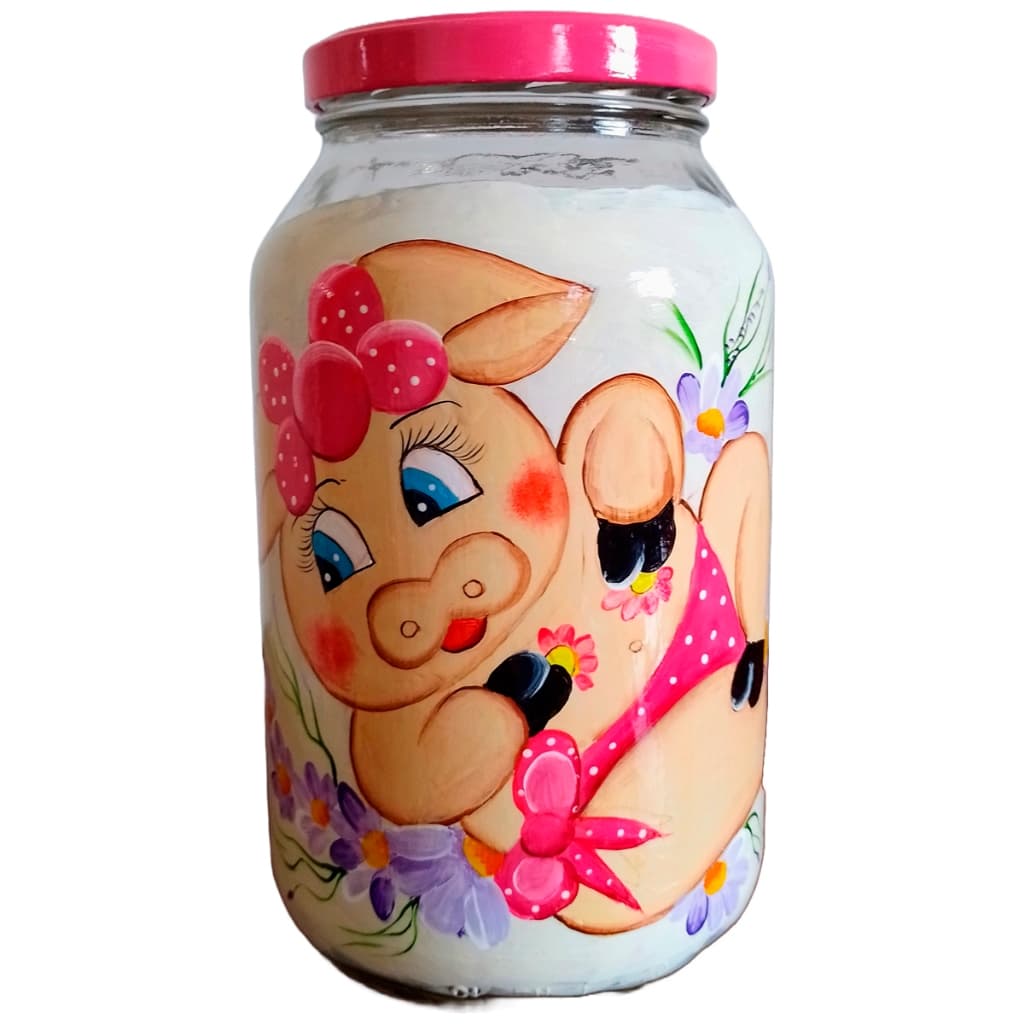 Pote de Vidro Pintado a Mão 3L Porquinha Rosa Com Tampa Para Mantimentos