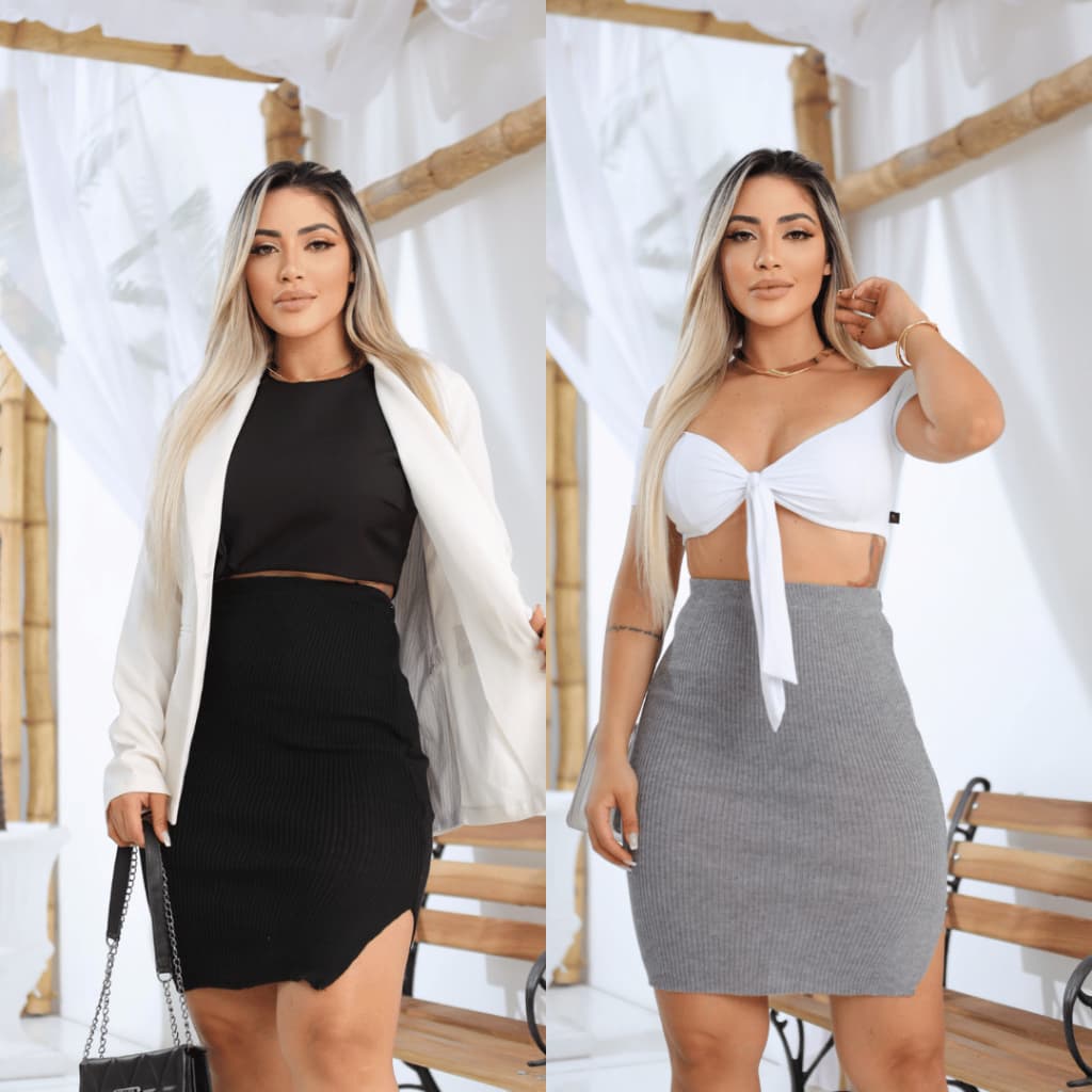 Kit Duas Saias Midi Tricot Com Fenda Lateral Otimo Caimento