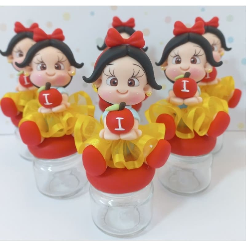 5 mini potinhos de vidro 40ml Branca de Neve em biscuit Festa Envio em 15 dias úteis.