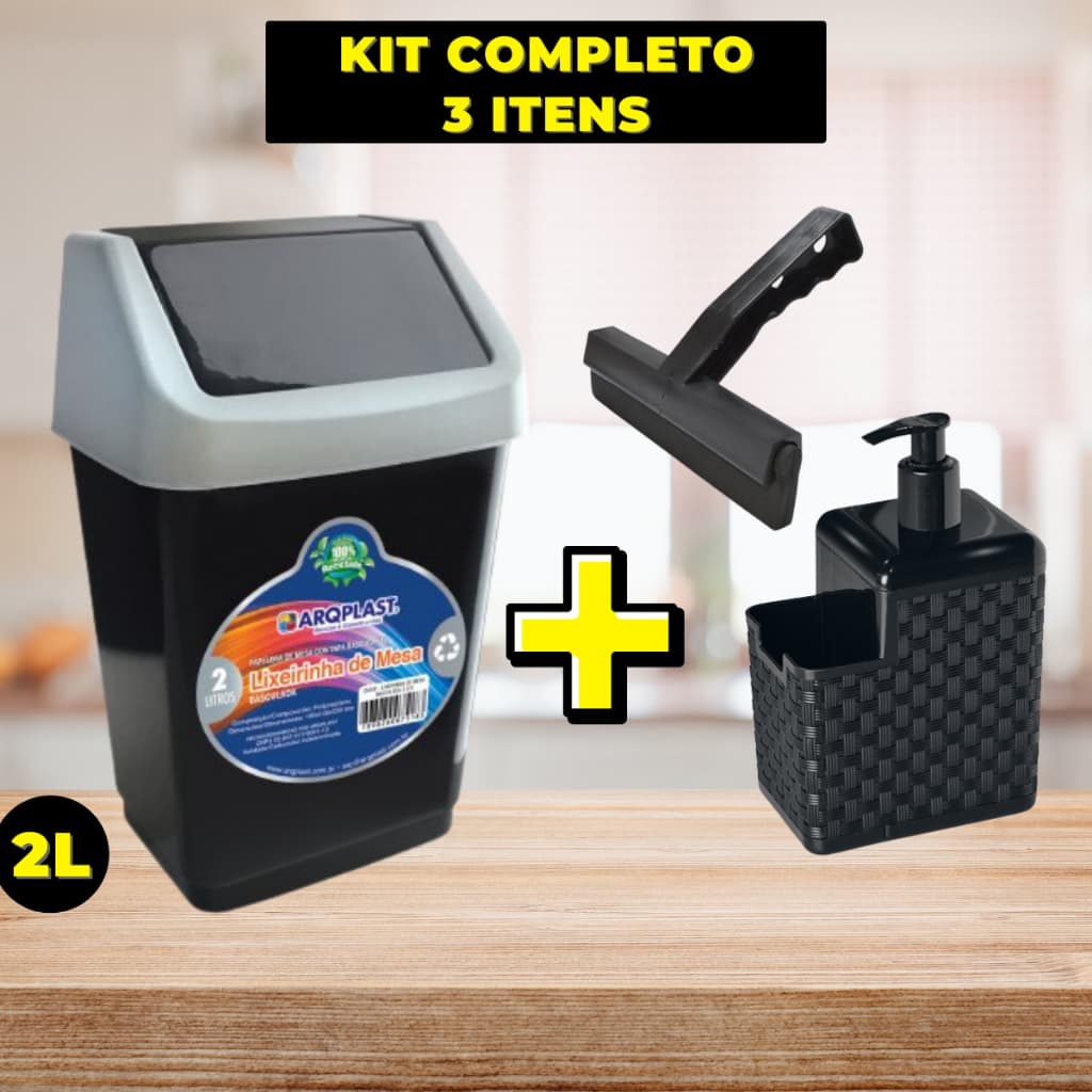 KIT Lixeira 2L com Tampa + Porta Detergente + Rodinho de pia Kit com 3 peças