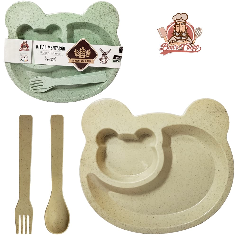 Kit Alimentação Infantil, prato com divisória, Talheres (Garfo + Colher) infantil Meninos e Meninas Rosa, Verde ou Beje.