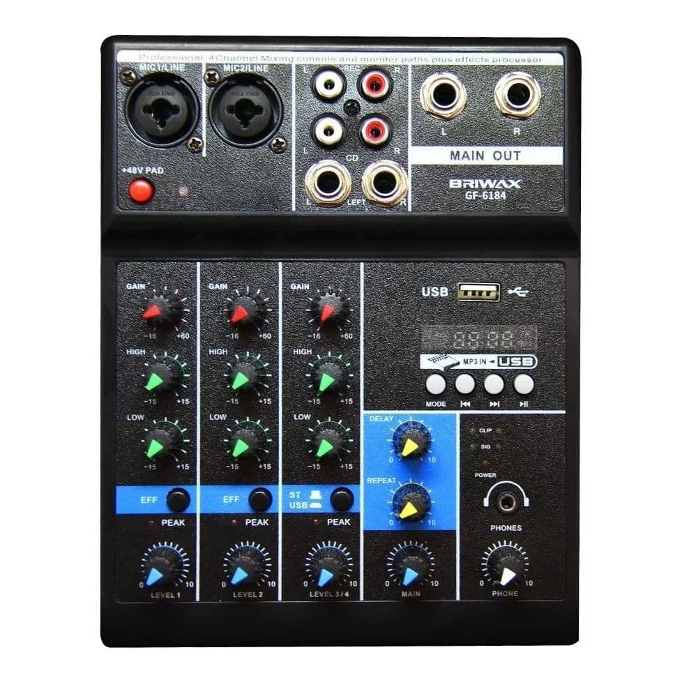 Console Mesa Som Profissional 4 Canais Delay, repeat GF-6184 2 canais microfone Phantom Estéreo