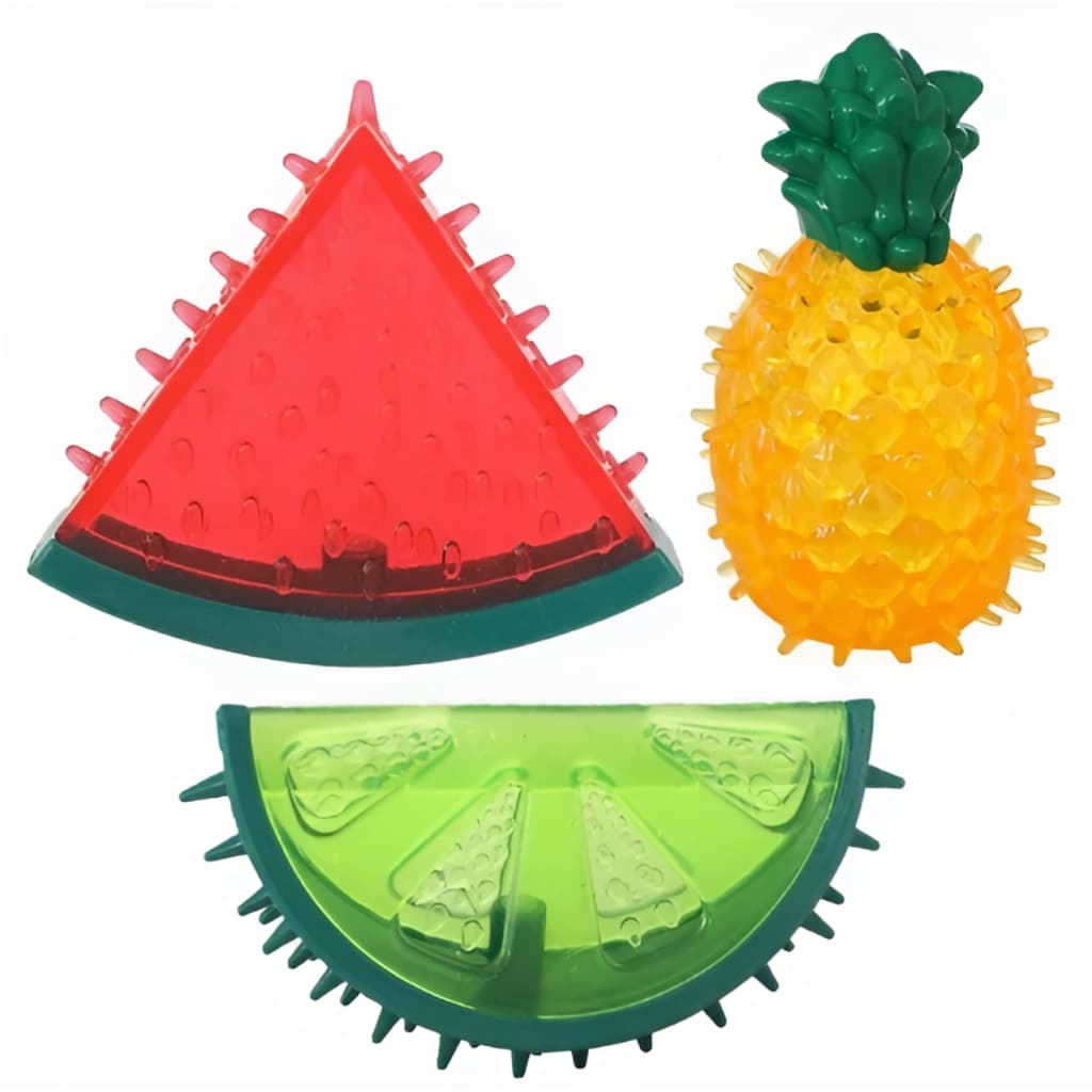 Brinquedo para cachorro e gato mordedor de borracha com apito p pets frutas cristais p pequeno porte