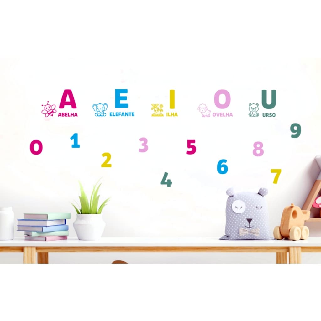 Adesivo de parede educacional vogais e números infantil decoração menino menina