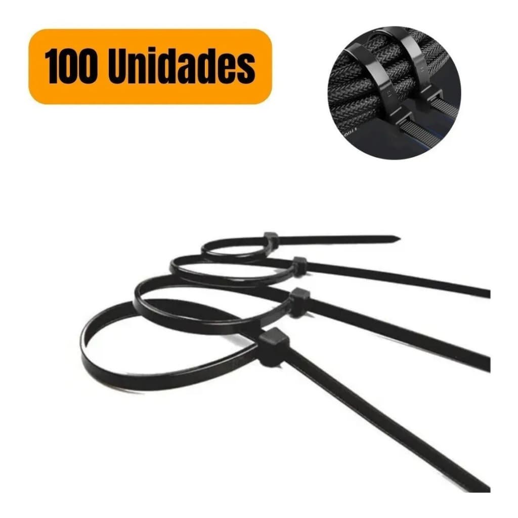 Kit 100 Abraçadeiras Nylon 7,6x400mm Enforca Gato Preta Cinta Plástica