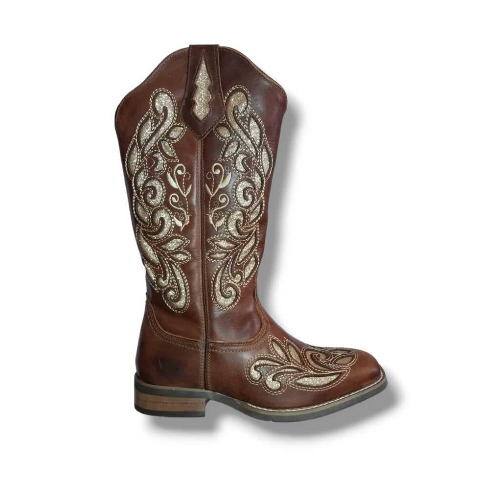 Bota Texana Feminina PRONTA ENTREGA em Couro Bordada Gliter Marrom Claro