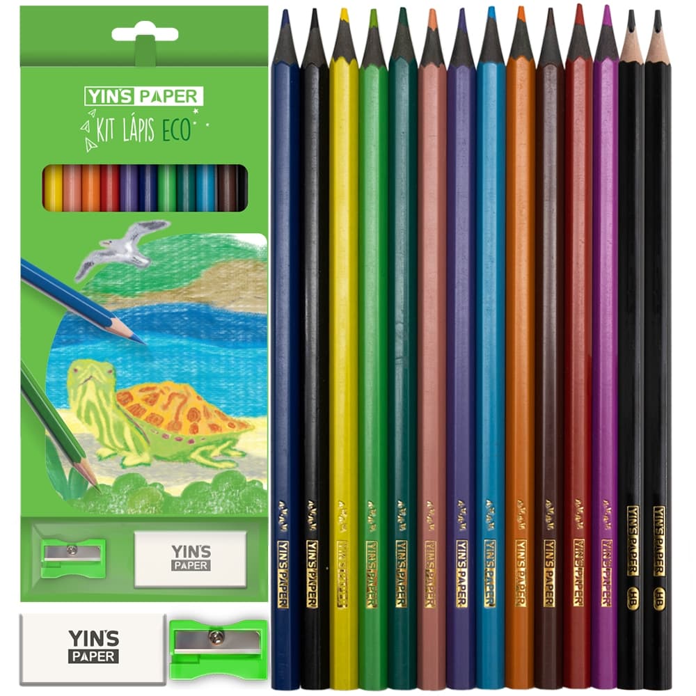 LAPIS DE COR ECO SEXTAVADO 12 CORES + APONTADOR / BORRACHA / 2 LAPIS GRAFITE HB YINS PAPER