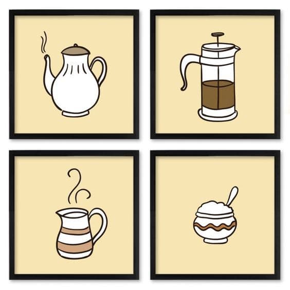 Quadro Decorativo 04 Peças 20x20 - Bule Café Cappuccino - Plaquinhas Sem Moldura Para Decorar Copa Cozinha Cantinho do Café Cafeteira