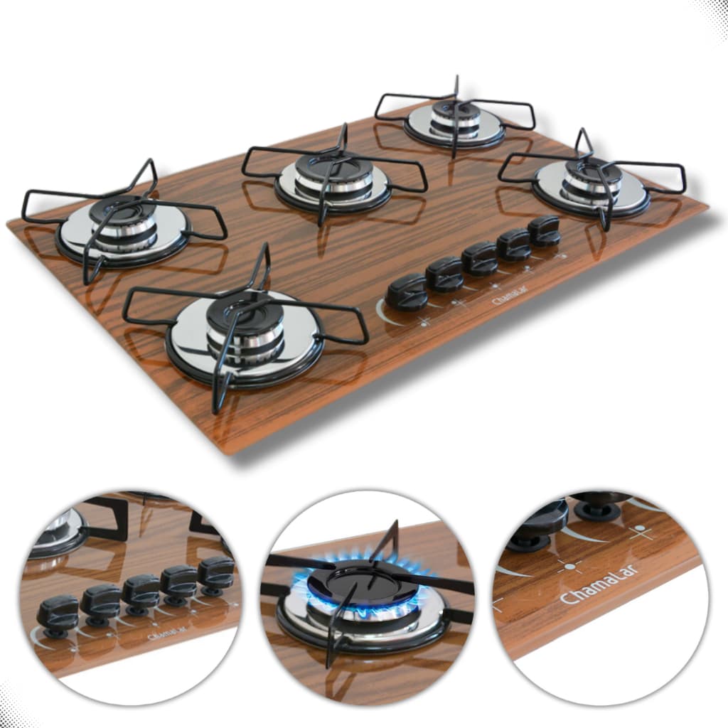 Fogão cooktop 5 bocas ultrachama amadeirado escuro