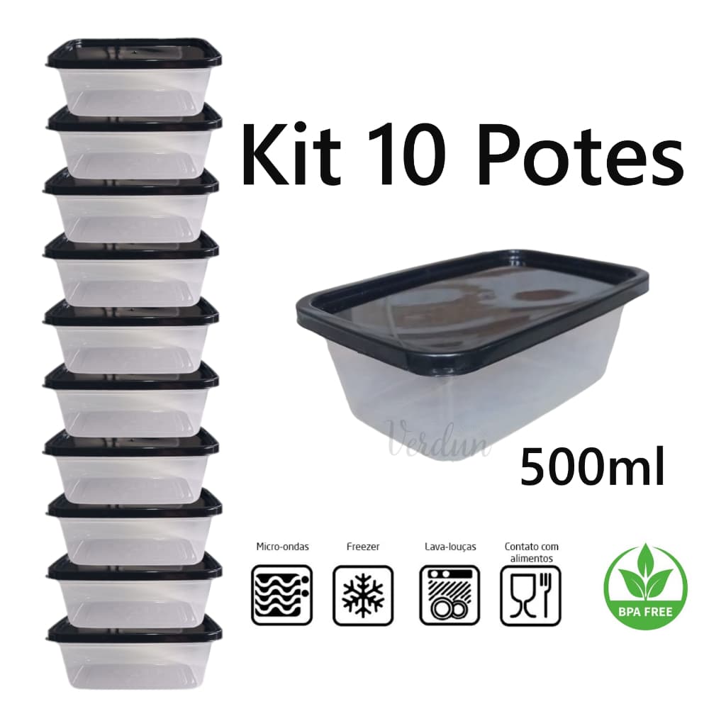 Kit 10 Potes Marmita Fitness Livre BPA 500ml Congelar Marmita Semanal Transparente com Tampa Preta  Resistente