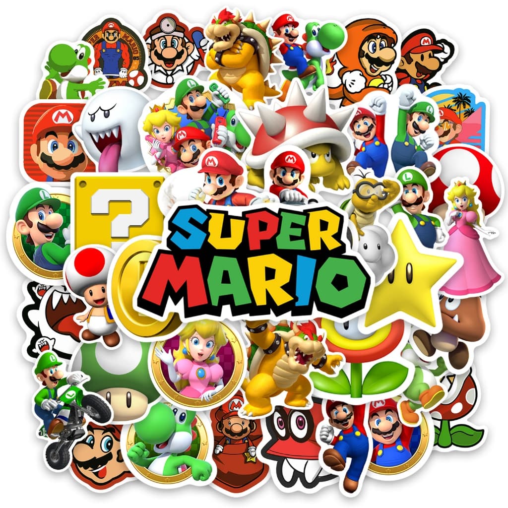 40 Adesivos Variados Super Mario Luigi Bowser Yoshi Caderno Notebook Carro Moto Capacete Skate
