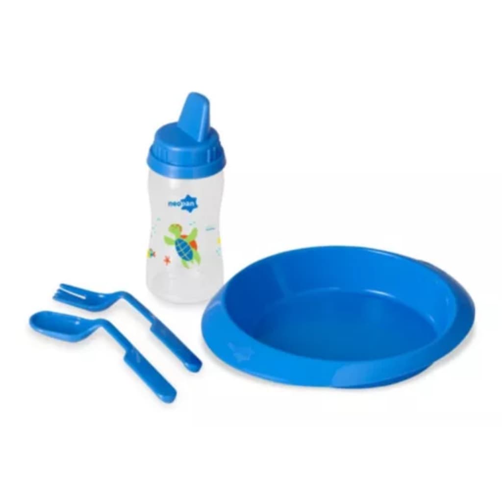 Kit Refeição Infantil 4 Peças Azul Prato Copo Treinamento e Talheres BPA Free
