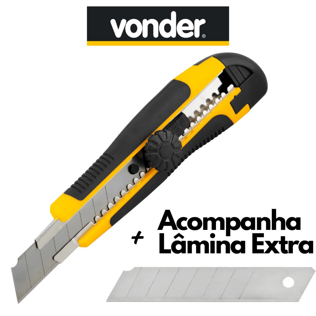 Estilete Profissional 18mm Com Cabo Emborrachado,Trava Giratória e Lâmina Extra - Vonder
